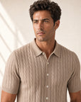 Gran Sasso Cotton Cable Knit Full-Button Polo – Mushroom - Portrait Crop
