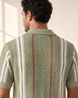 Ferrante Knit Stripe SS Full Button – Green - Full Body Back