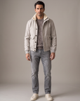FERRANTE ROYAL RED WOOL-CASHMERE MELANGE CREWNECK – WARM BROWN GREY CREAM MELANGE - Full Front Model