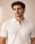 Gran Sasso Cotton Cable Knit Full-Button Polo – White - Portrait Crop