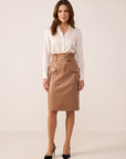 Kaelis Vegan Leather Skirt – SOFT COGNAC - Full Front Model
