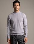 FERRANTE ESSENTIAL GARMENT-DYED MERINO MOCK NECK – COOL LIGHT GREY LILAC - Hero Front