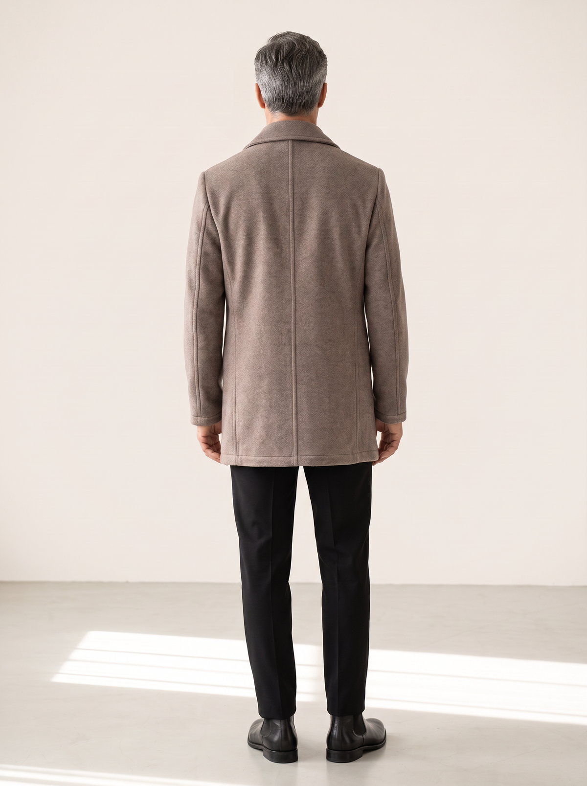 WOOL-BLEND DOUBLE-BREASTED COAT – TAUPE - Full Body Back