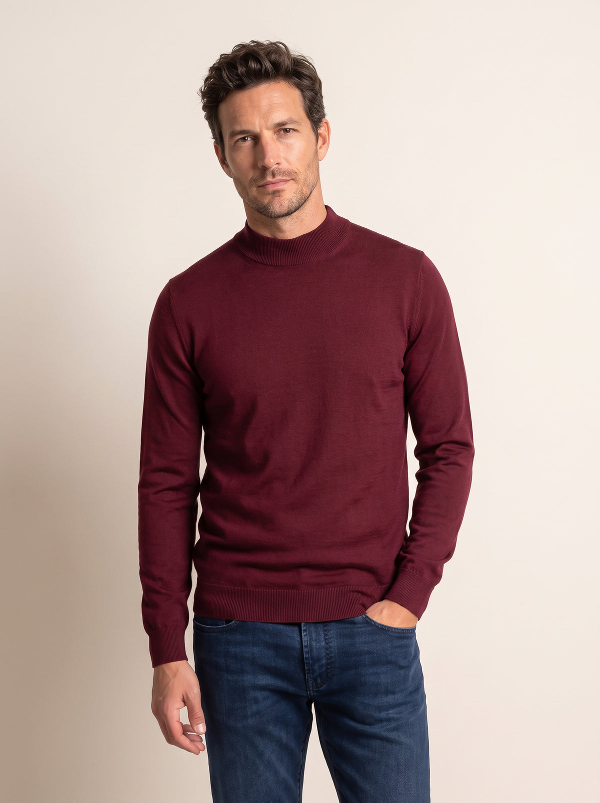 Gran Sasso Extra-Fine Merino Mock Neck — Burgundy - BURGUNDY - Hero Front