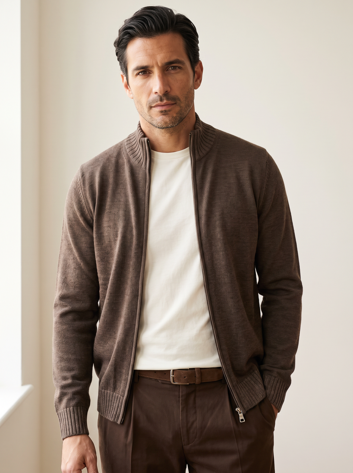 FERRANTE ESSENTIAL MERINO WOOL FULL-ZIP KNIT – WARM BROWN - Hero Front