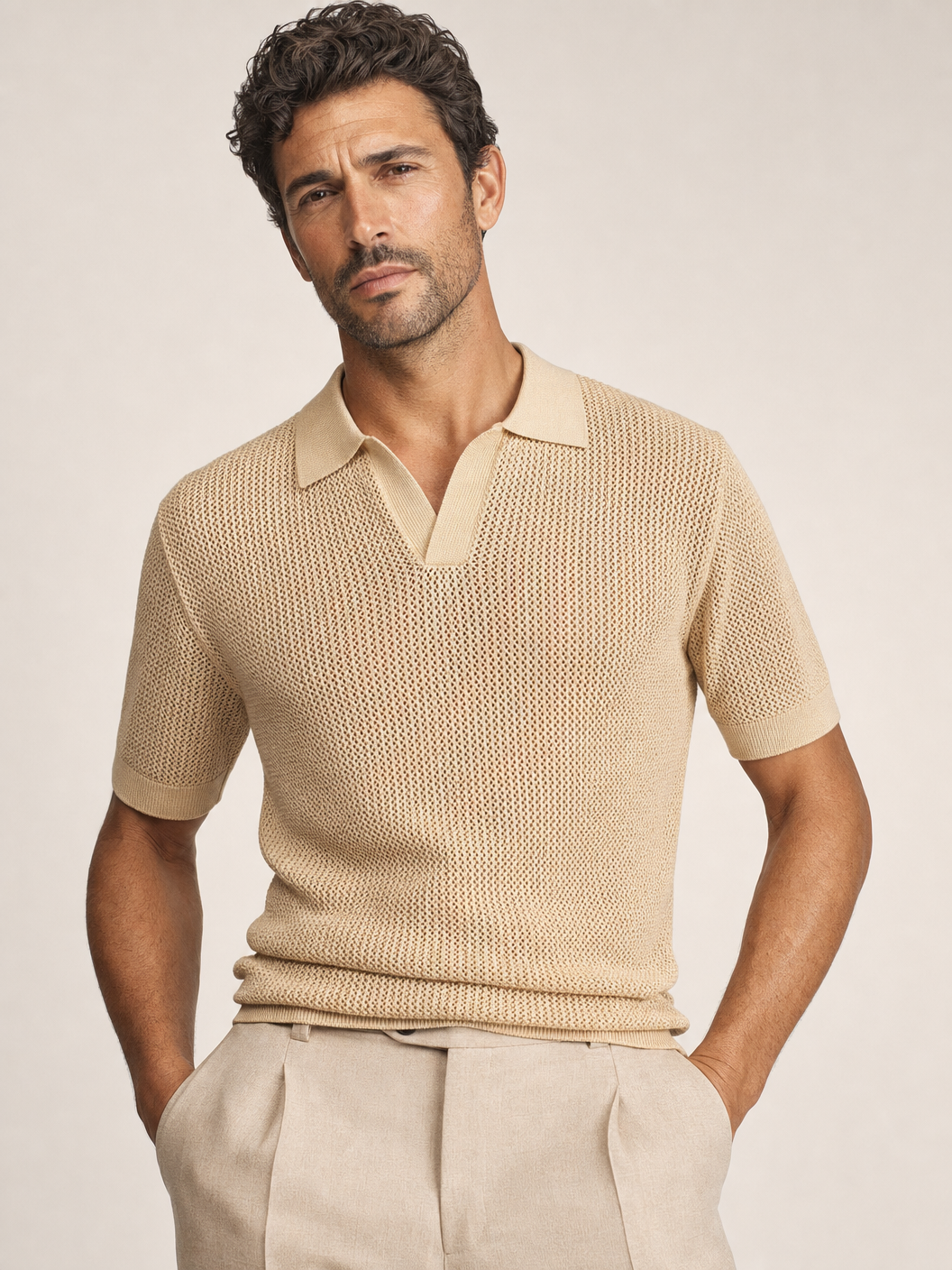 Tagliatore Tilley Knit Polo — Beige — Detail Front