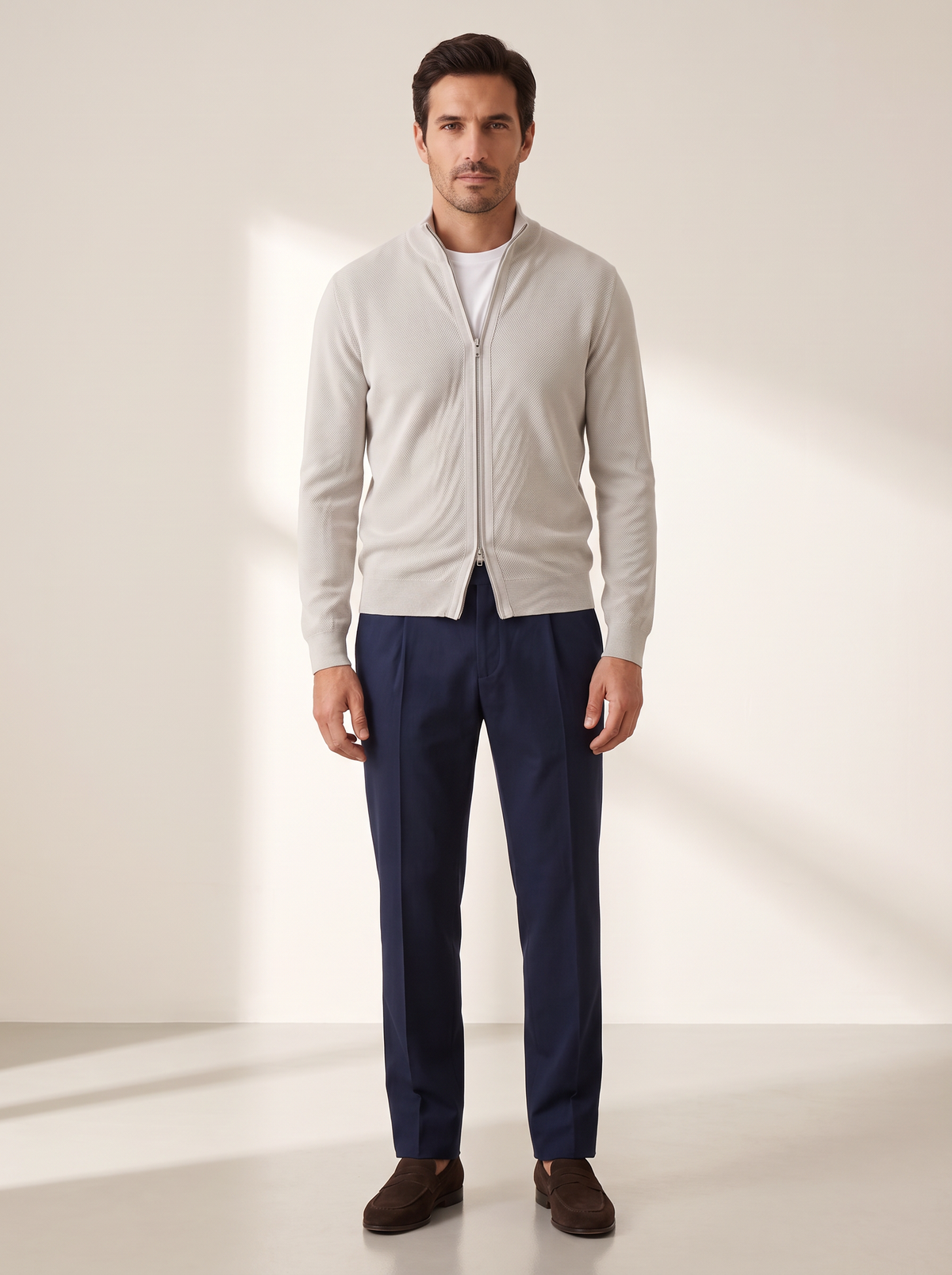RICE STITCH FULL-ZIP CARDIGAN – SLATE - Full Body Front