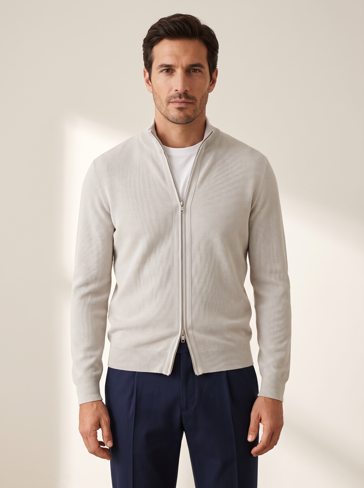 RICE STITCH FULL-ZIP CARDIGAN – SLATE - Hero Front