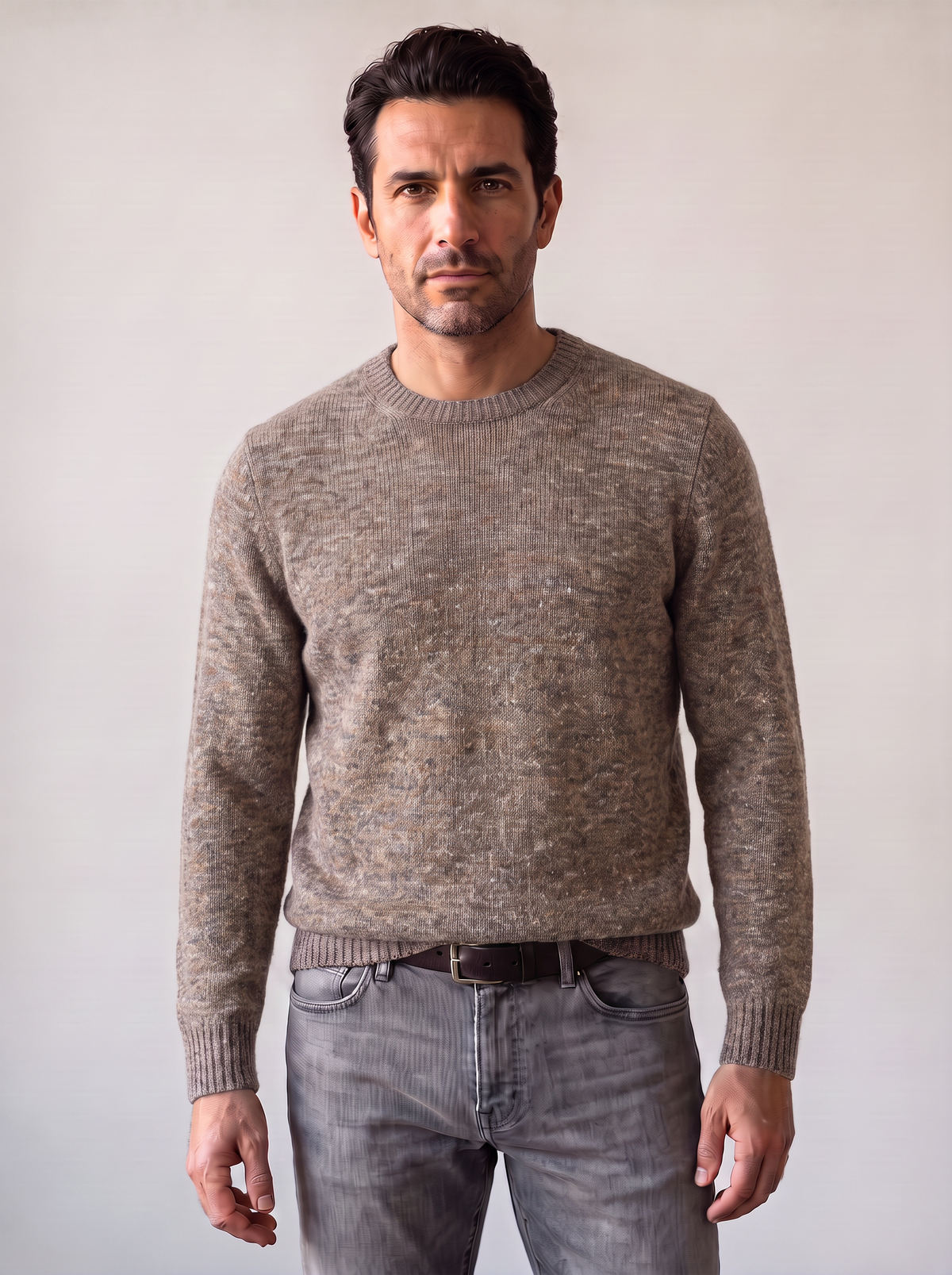 FERRANTE ROYAL RED WOOL-CASHMERE MELANGE CREWNECK – WARM BROWN GREY CREAM MELANGE - Hero Front