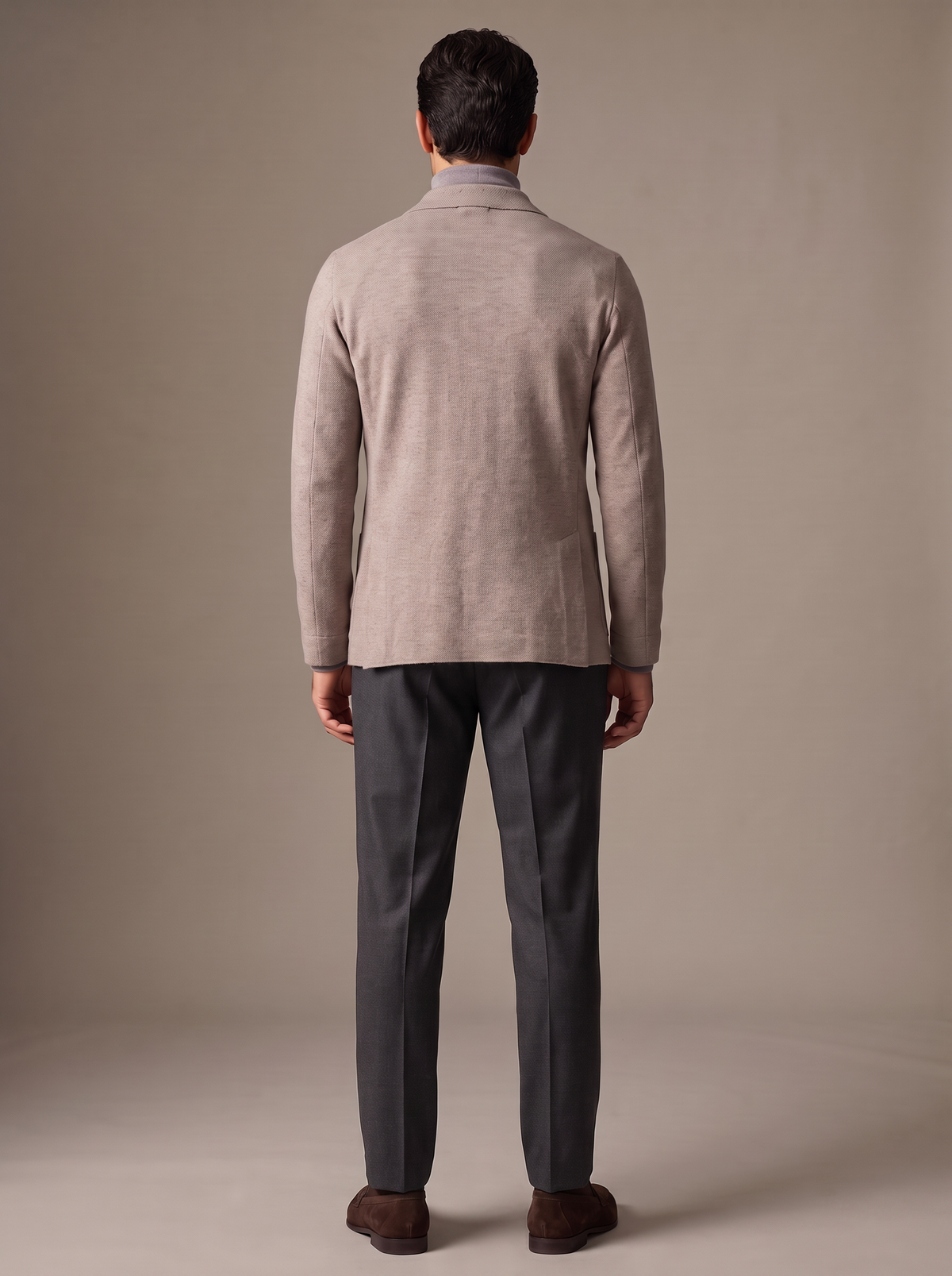 FERRANTE MERINO WOOL DOUBLE-BREASTED KNIT JACKET – WARM BEIGE TAUPE - Full Back Model
