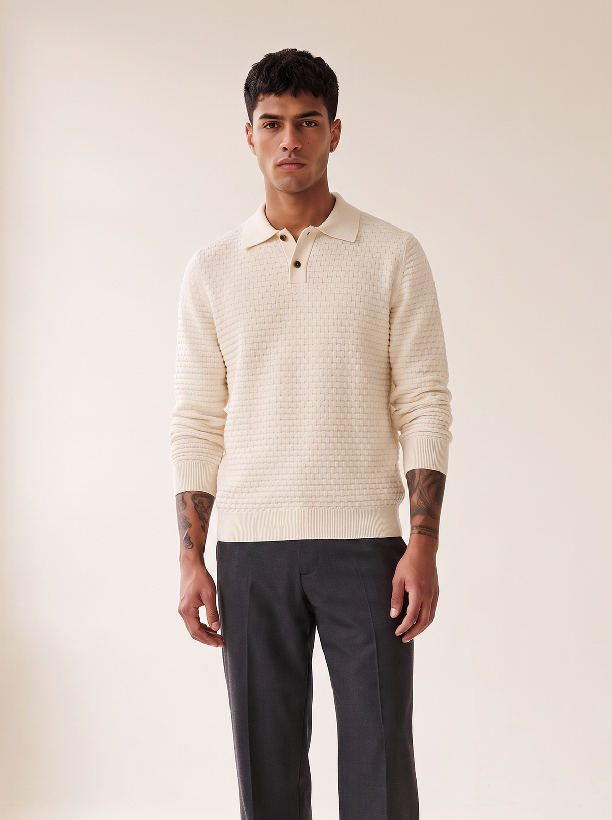 CHECK STRUCTURE KNITTED LS POLO - LES DEUX – LIGHT IVORY - Hero Front