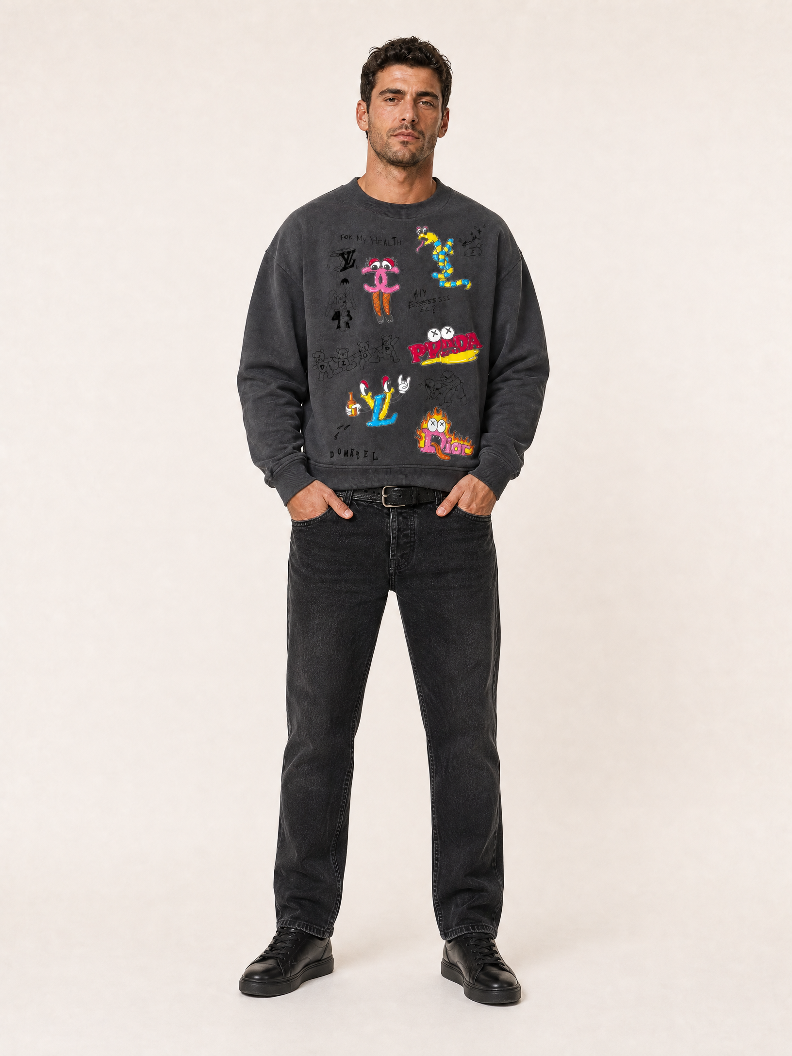 LUXURY SKETCH SWEATSHIRT - DOM REBEL – FADE BLACK - Full Front Model