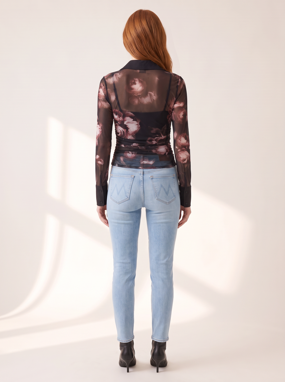 L’AGENCE Isola Long-Sleeve Mesh Button-Up – BLACK/MAUVE SMALL DISTRESSED ROSE - Full Back Model