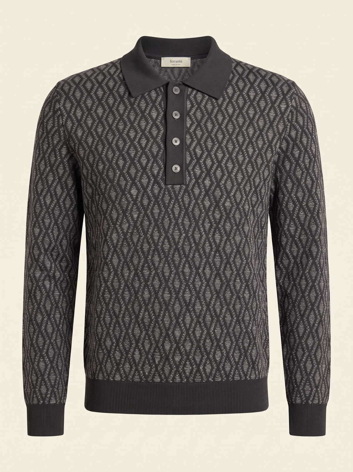 FERRANTE MERINO WOOL DIAMOND JACQUARD FOUR-BUTTON POLO – DARK CHARCOAL - Ghost Mannequin Front