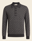 FERRANTE MERINO WOOL DIAMOND JACQUARD FOUR-BUTTON POLO – DARK CHARCOAL - Ghost Mannequin Front