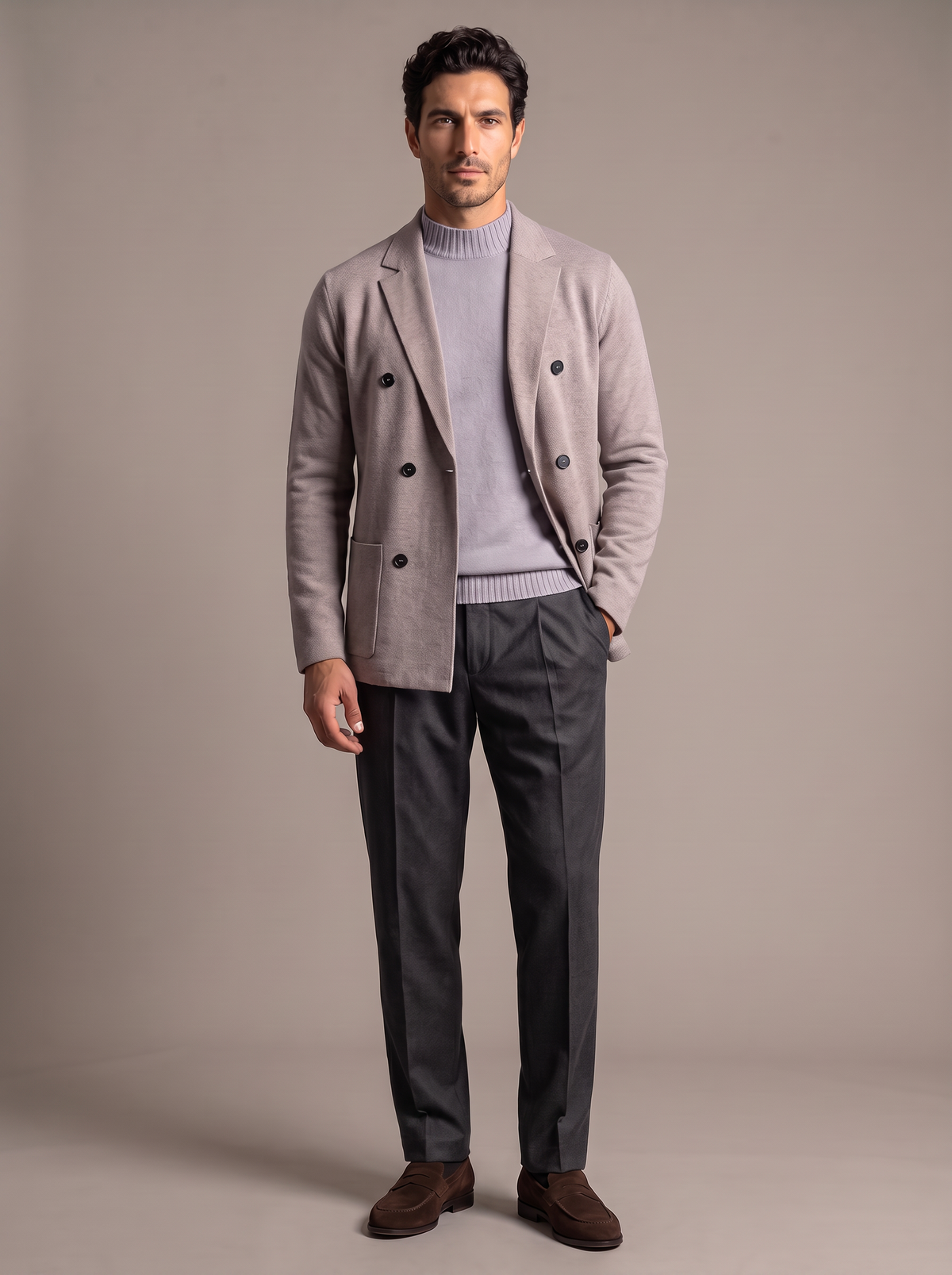 FERRANTE MERINO WOOL DOUBLE-BREASTED KNIT JACKET – WARM BEIGE TAUPE - Full Front Model