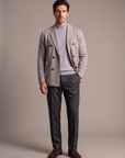 FERRANTE MERINO WOOL DOUBLE-BREASTED KNIT JACKET – WARM BEIGE TAUPE - Full Front Model