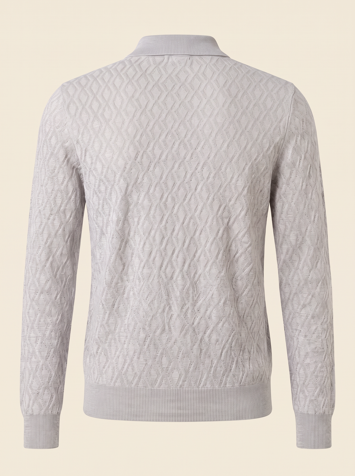 FERRANTE MERINO WOOL DIAMOND JACQUARD FOUR-BUTTON POLO – LIGHT GREY - Ghost Mannequin Back