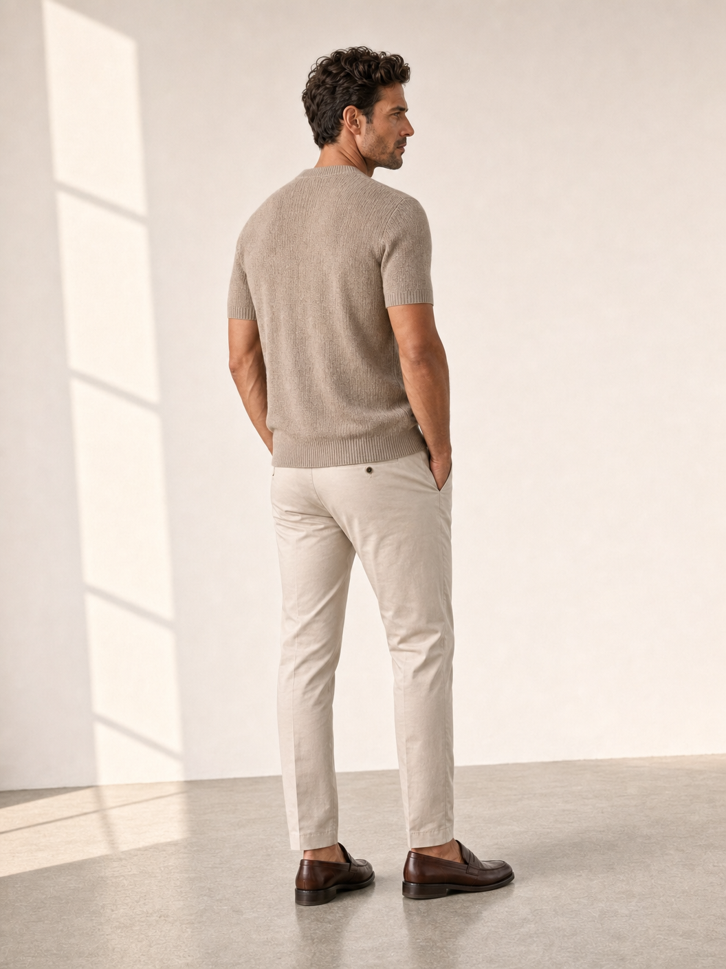 Ferrante Textured Linen T-Shirt – Taupe - Back Angle