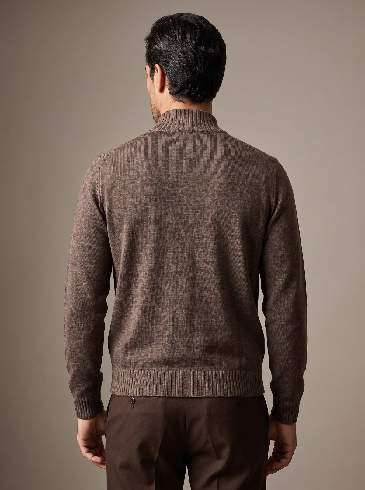 FERRANTE ESSENTIAL MERINO WOOL FULL-ZIP KNIT – WARM BROWN - Mid-body Back