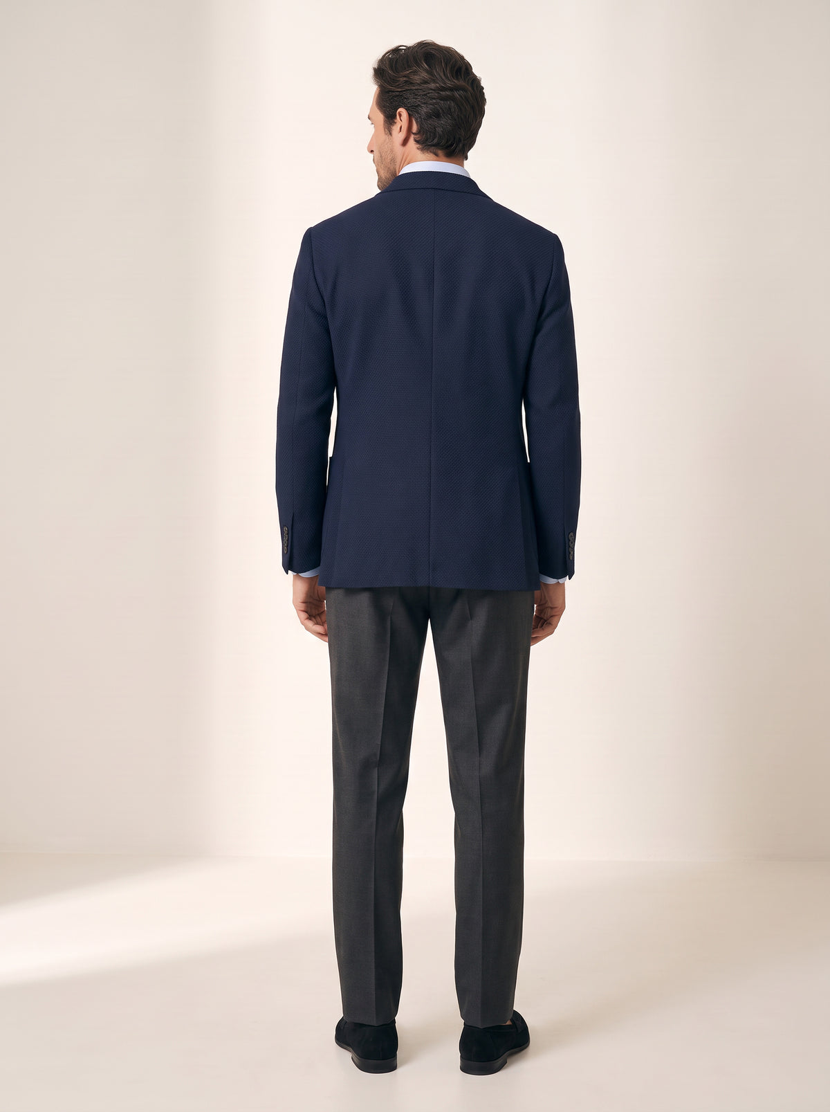 Gordon Textured Shirt – SAND – LIGHT BLUE - Full Body Back