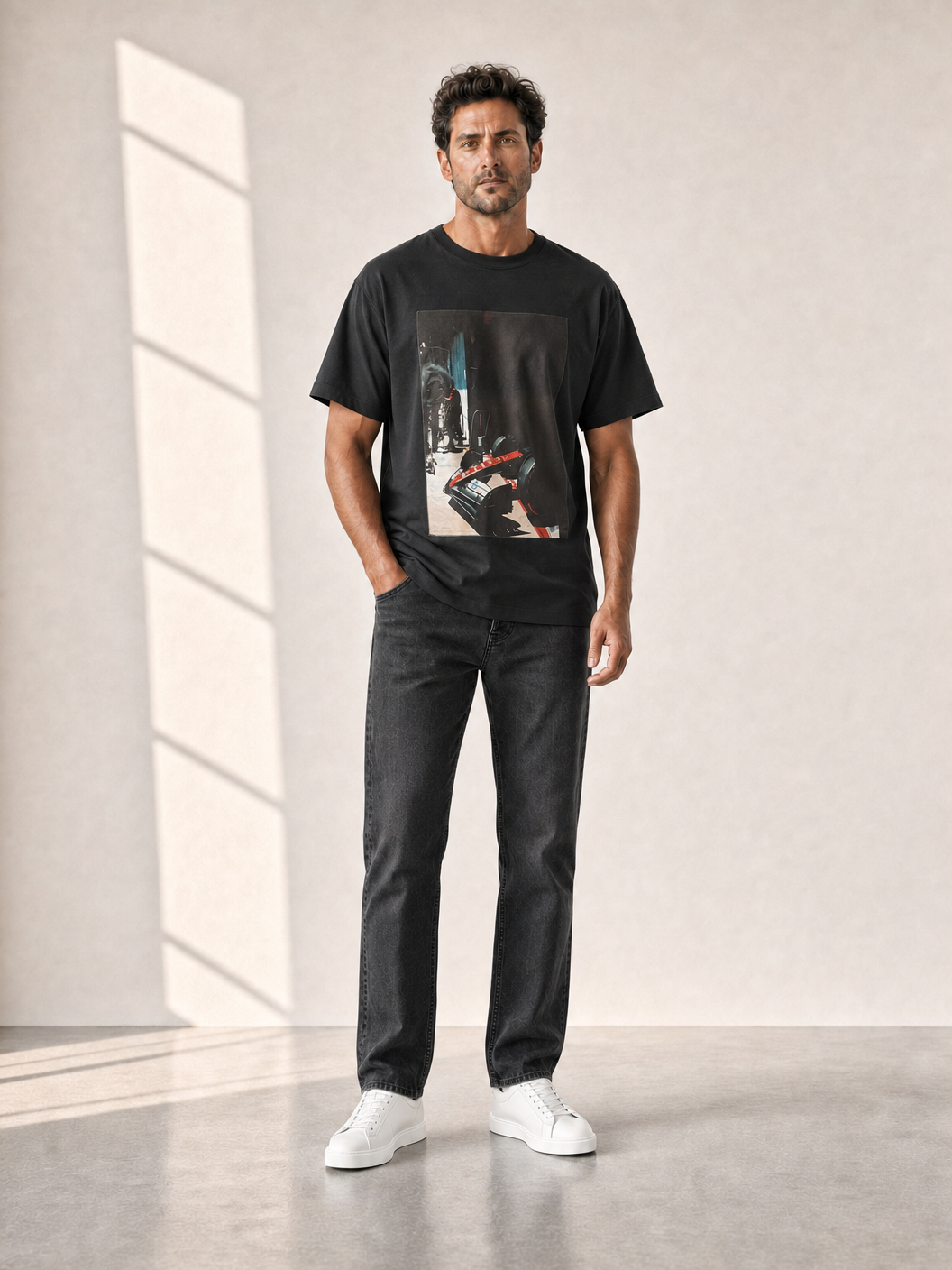 Bastille Silk Printed T-Shirt — Black — On Model Front