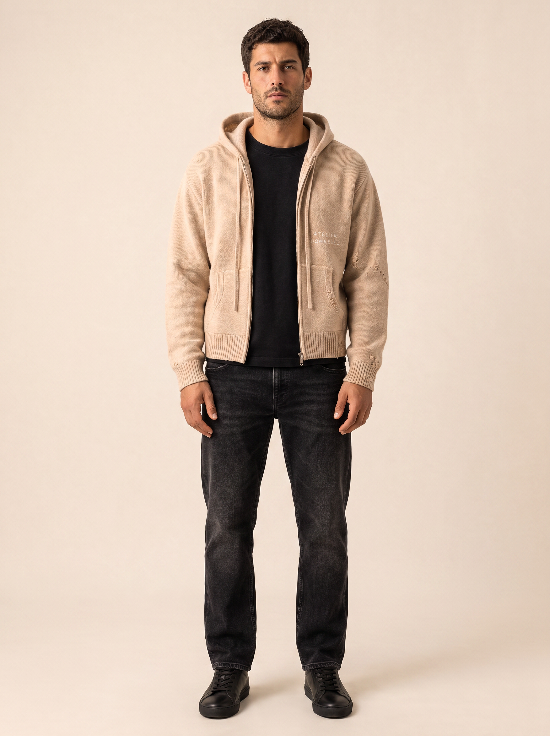 NIGHTCRAWLER KNIT HOODIE - DOM REBEL – BEIGE - Full Front Model