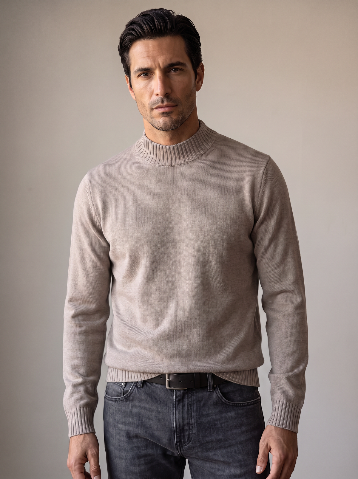 FERRANTE ESSENTIAL GARMENT-DYED MERINO MOCK NECK – LIGHT WARM TAUPE - Hero Front