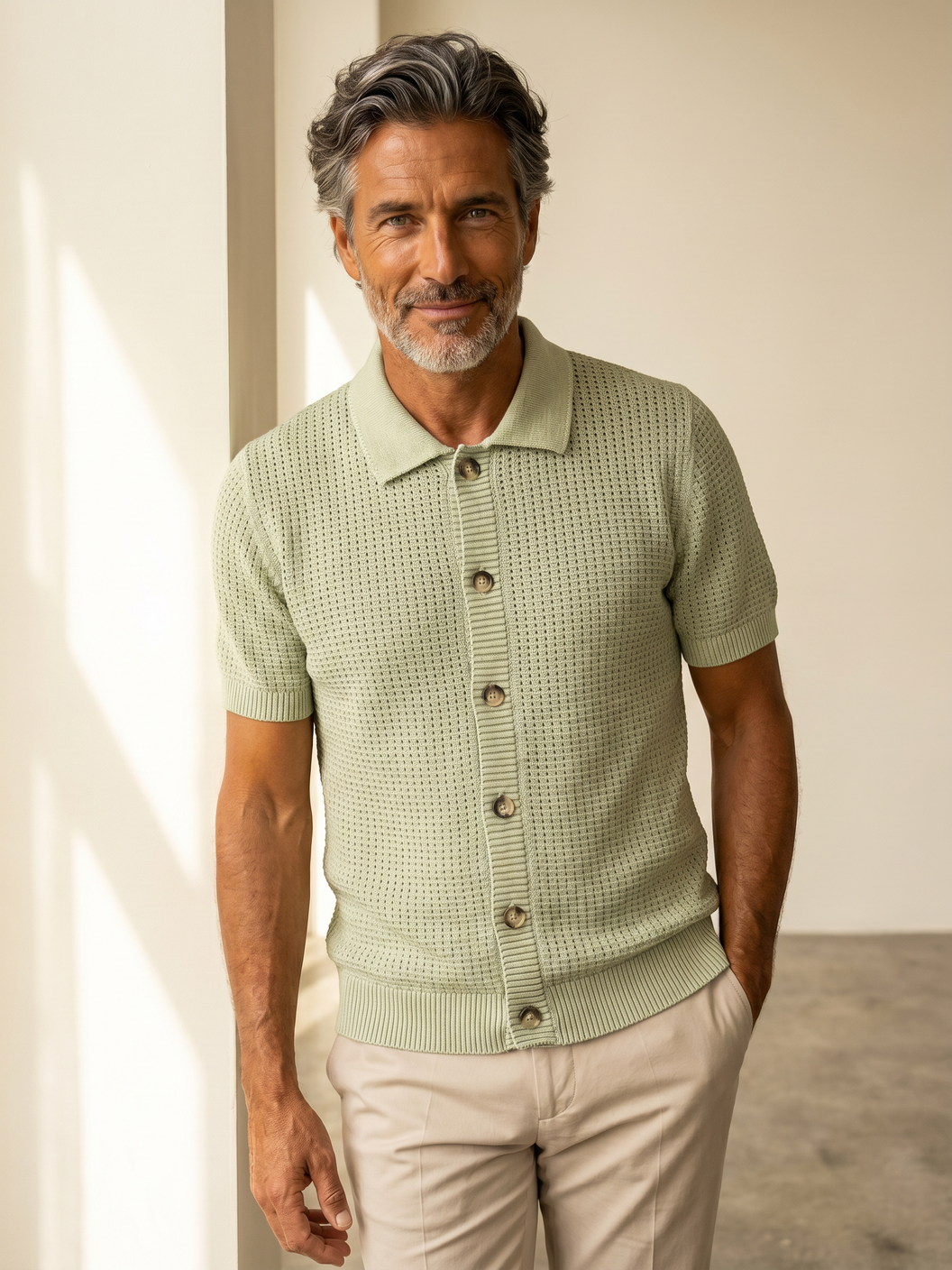 Ferrante SS Knit Button Shirt – Forest - Hero Front