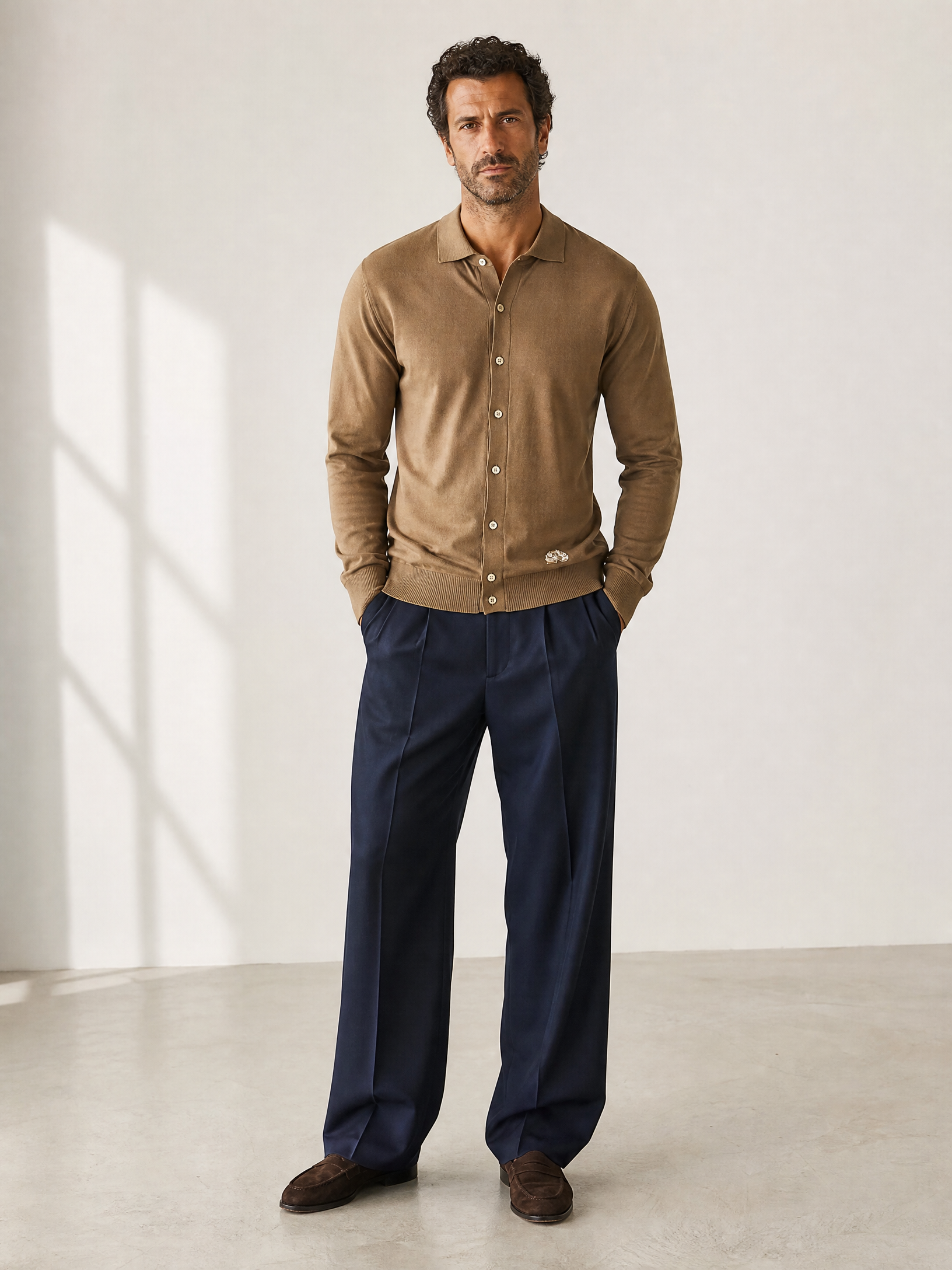 LS Knit Button-Down Shirt Gabriele Pasini – BROWN - Full Front Model
