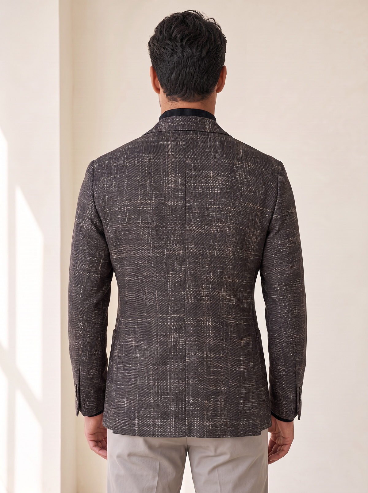 TEXTURED PRINCE OF WALES DOUBLE-BREASTED BLAZER – CHARCOAL - Mid-Body Back