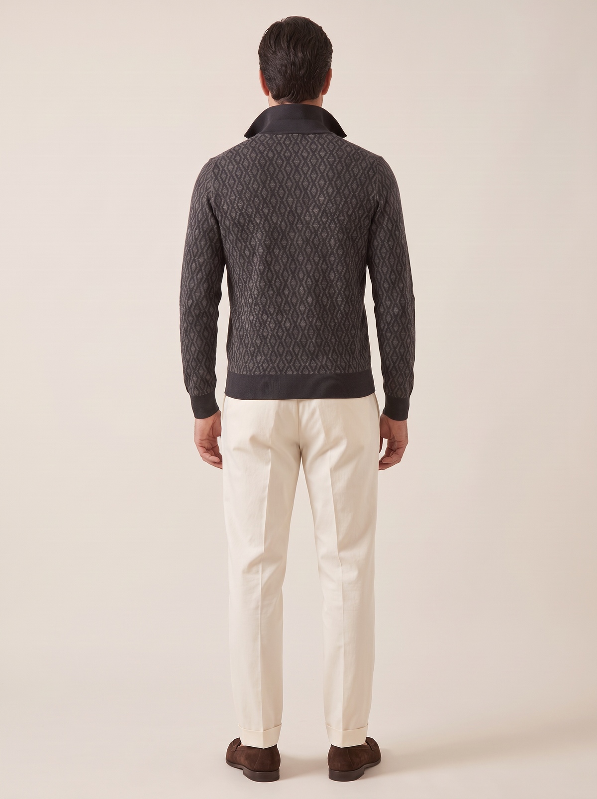 FERRANTE MERINO WOOL DIAMOND JACQUARD FOUR-BUTTON POLO – DARK CHARCOAL - Full Back Model