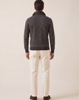 FERRANTE MERINO WOOL DIAMOND JACQUARD FOUR-BUTTON POLO – DARK CHARCOAL - Full Back Model