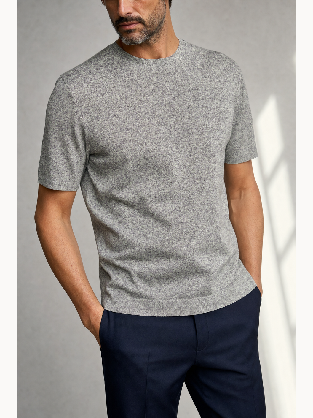Ferrante Textured Linen T-Shirt – Grey - Detail Front