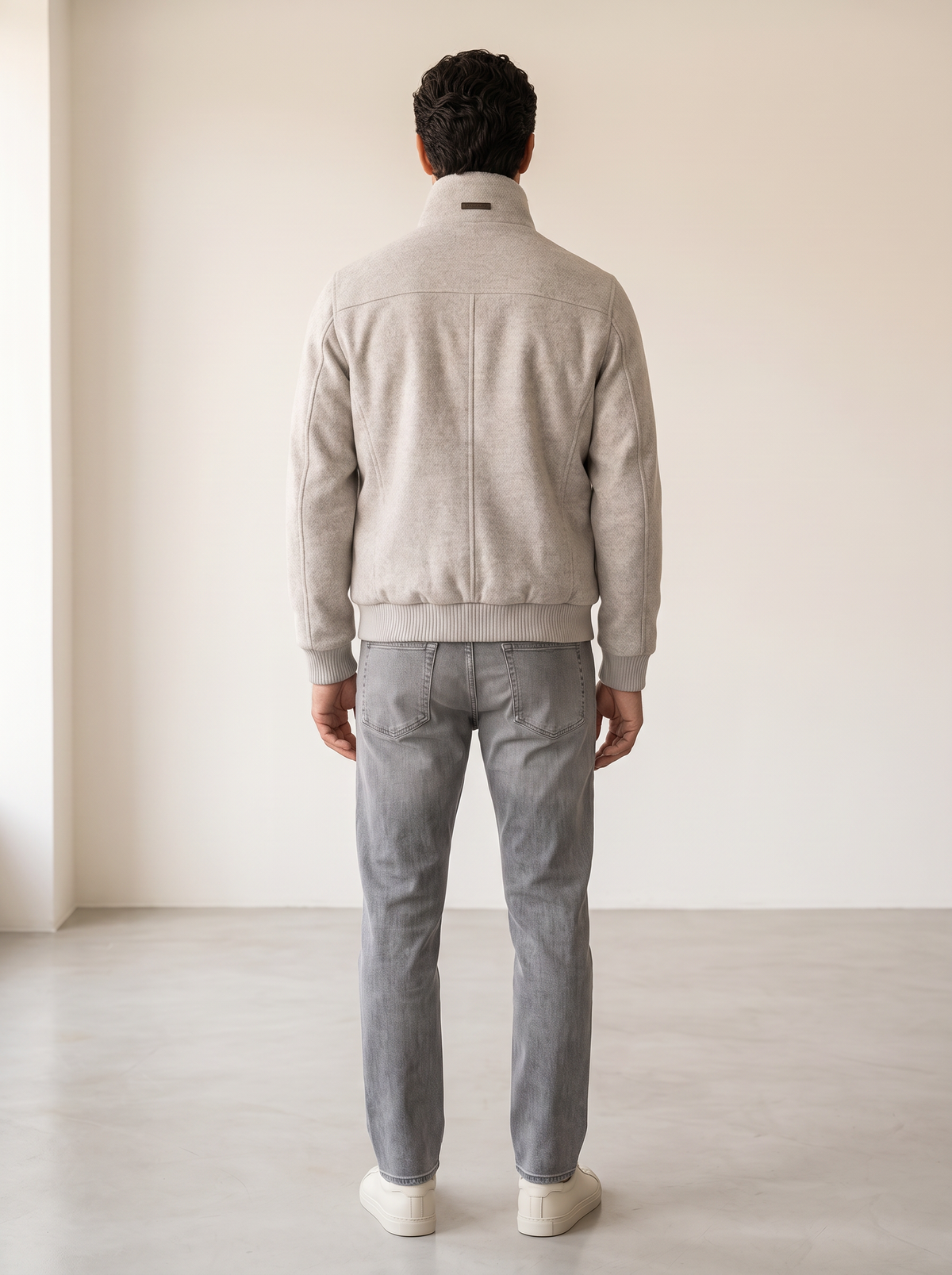 WOOL-BLEND BOMBER WITH DETACHABLE FAUX-FUR COLLAR – GREY - Full Body Back