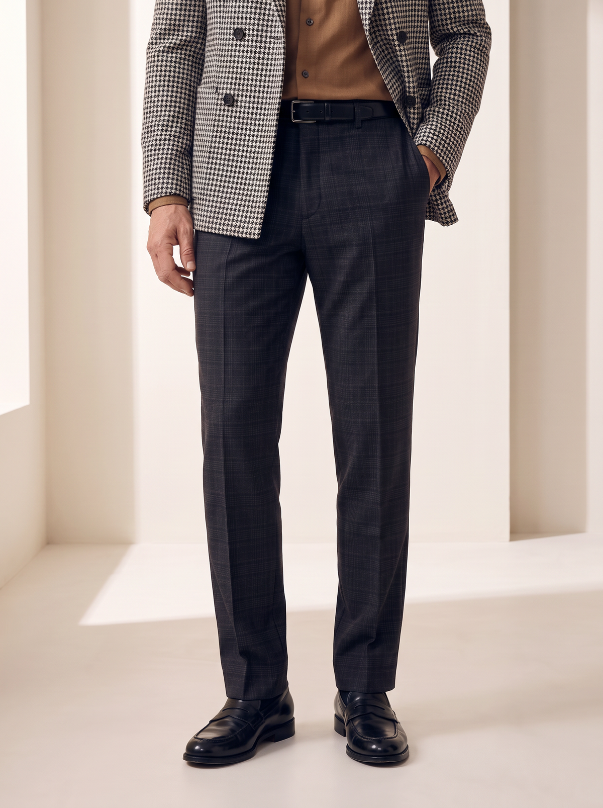 CRAIG STR PERFORMANCE STRETCH TROUSER – CHARCOAL NAVY GLEN PLAID - Hero Front