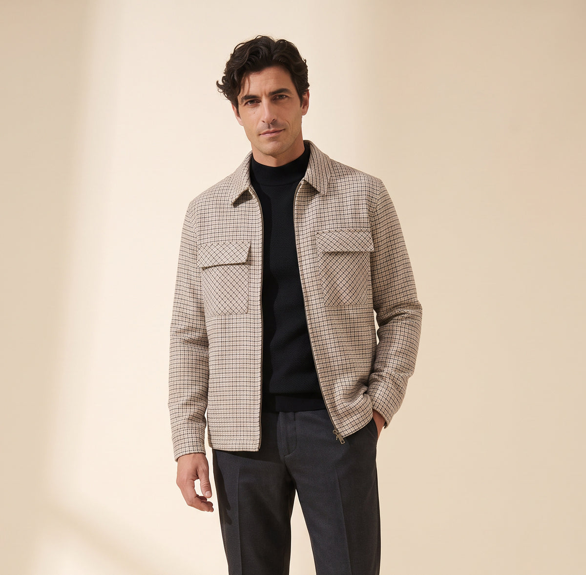 Aiden Micro-Check Zip Shirt Jacket – SAND – CREAM CHARCOAL - Hero Front