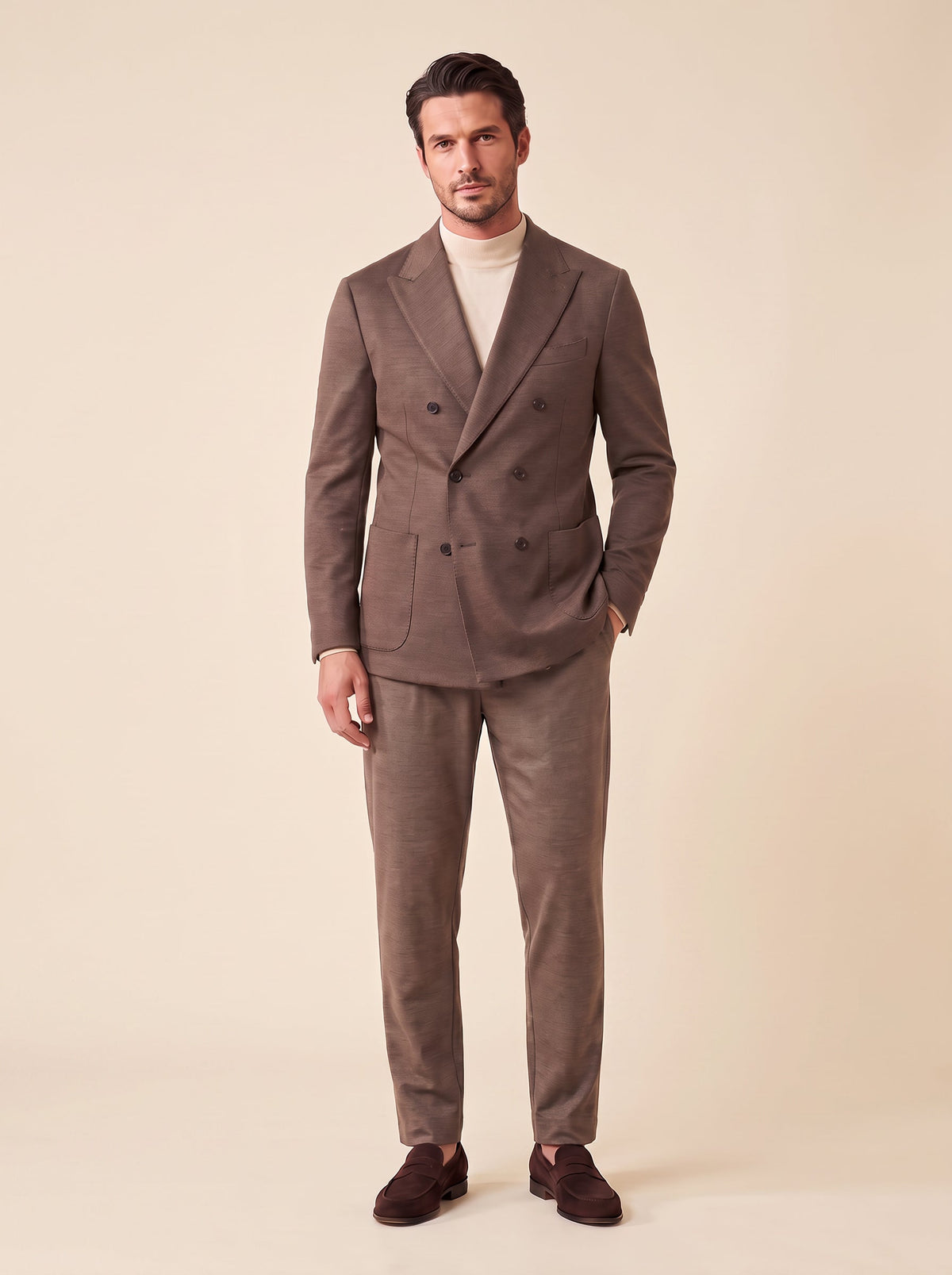 FRADI SLJ Double-Breasted Suit – BROWN - Full Suit Three Quarter