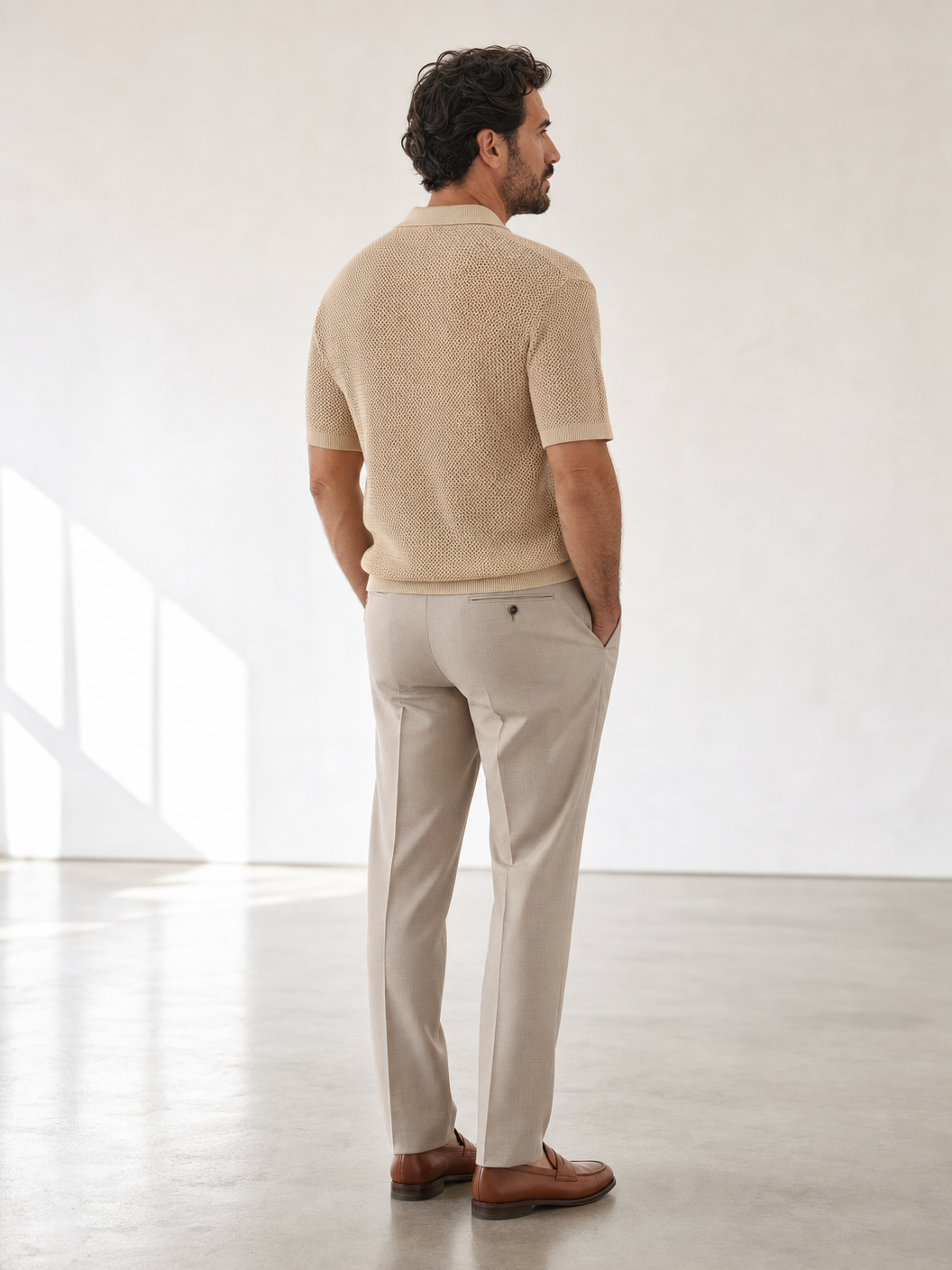 Tagliatore Tilley Knit Polo — Beige — On Model Back Angle