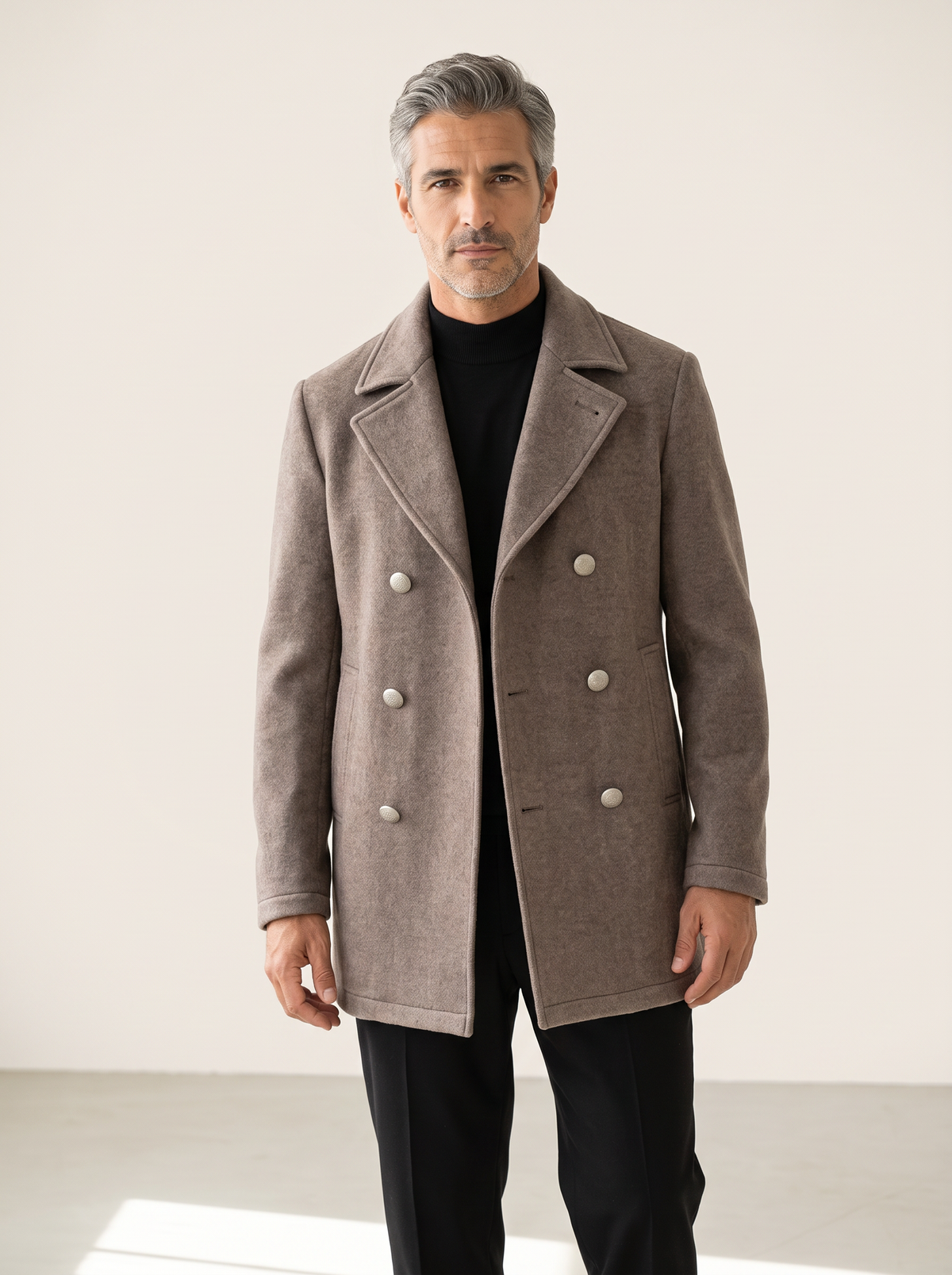 WOOL-BLEND DOUBLE-BREASTED COAT – TAUPE - Hero Front
