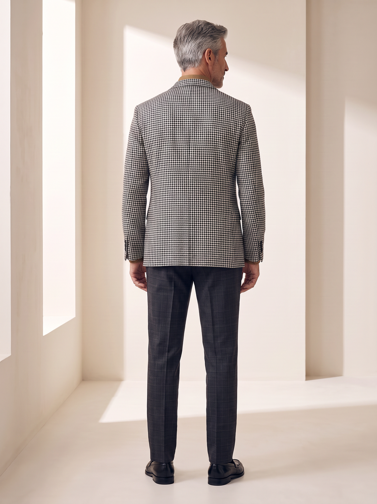 CRAIG STR PERFORMANCE STRETCH TROUSER – CHARCOAL NAVY GLEN PLAID - Full Body Back