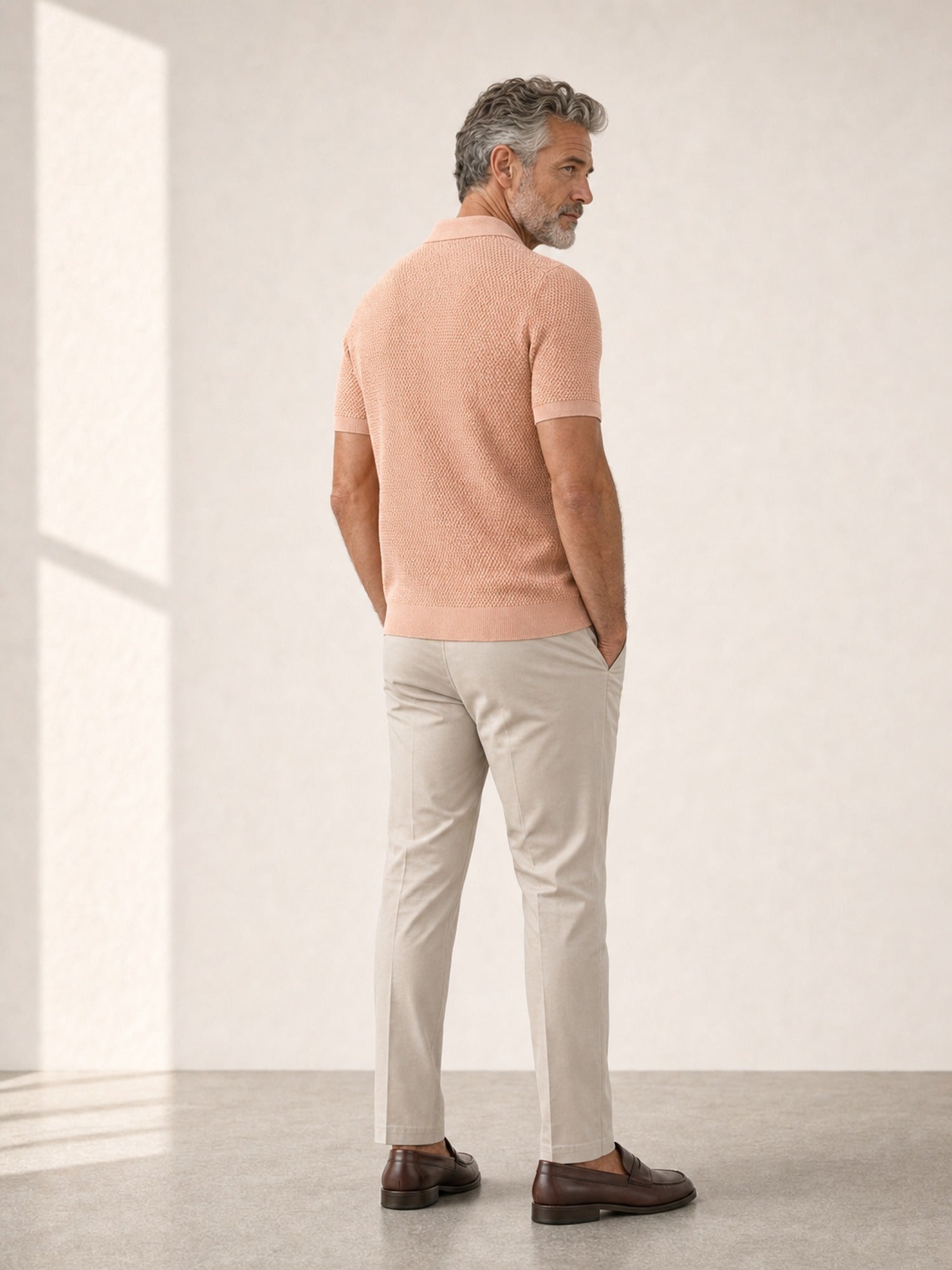 Gran Sasso Egyptian Cotton Popcorn Knit Polo – Salmon - Full Body Back