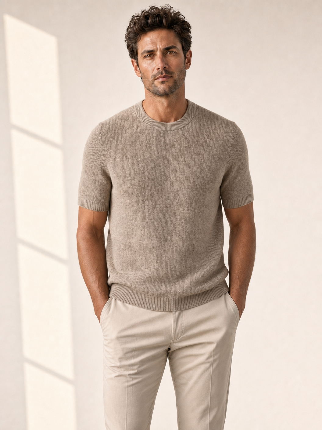 Ferrante Textured Linen T-Shirt – Taupe - Detail Front