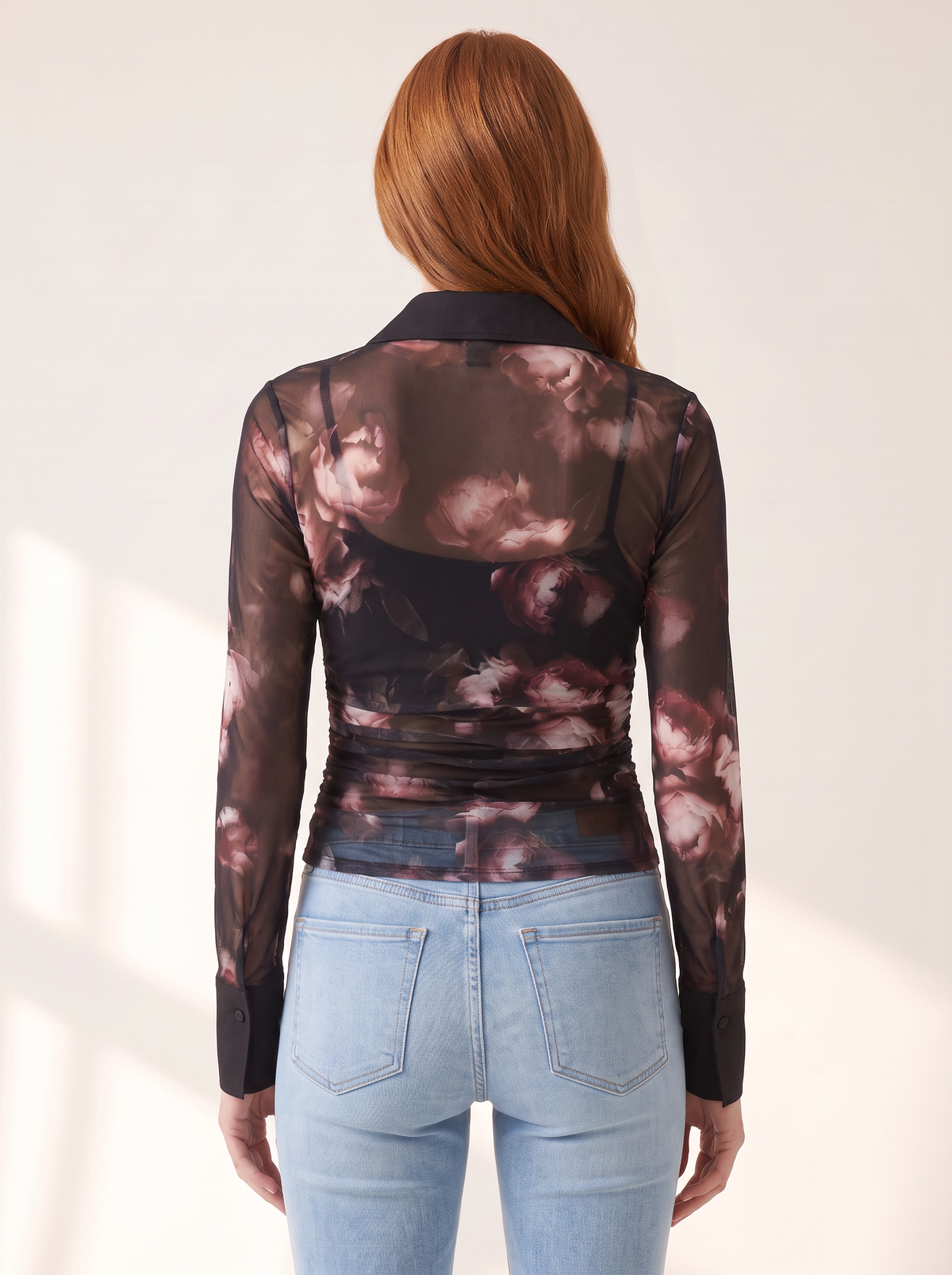 L’AGENCE Isola Long-Sleeve Mesh Button-Up – BLACK/MAUVE SMALL DISTRESSED ROSE - Hero Back