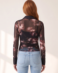 L’AGENCE Isola Long-Sleeve Mesh Button-Up – BLACK/MAUVE SMALL DISTRESSED ROSE - Hero Back