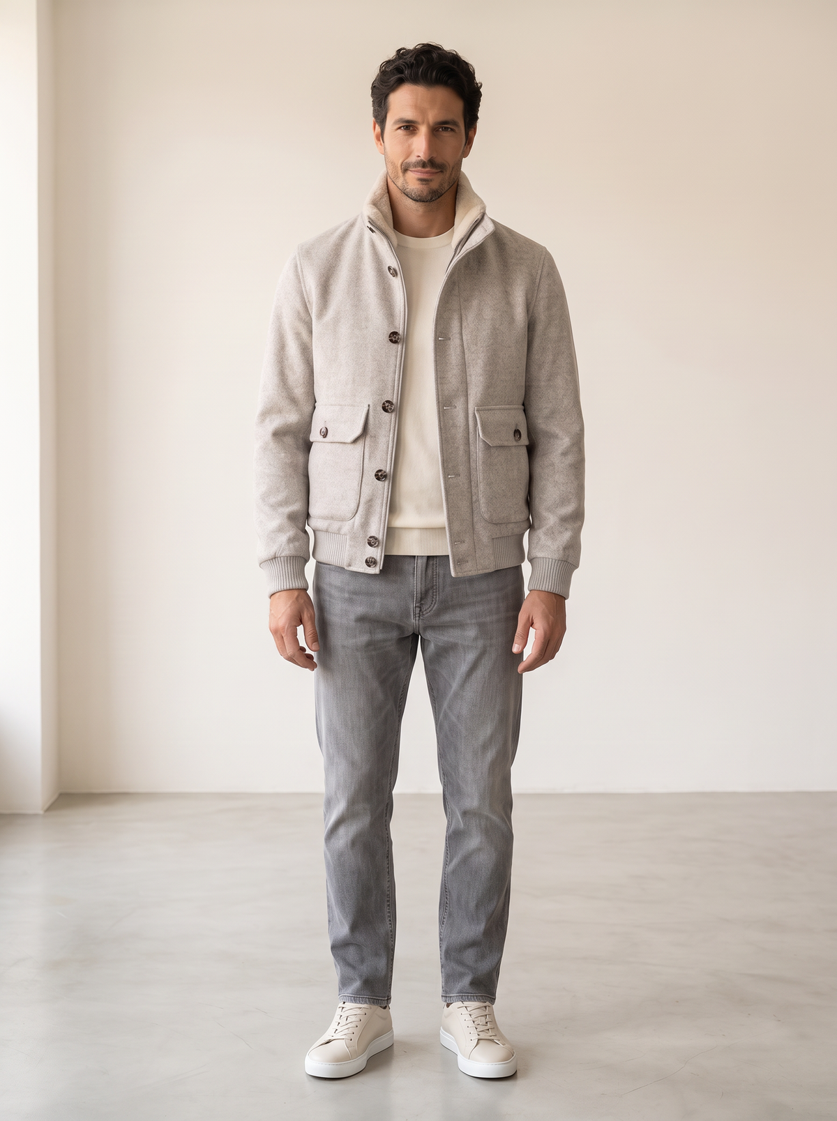 WOOL-BLEND BOMBER WITH DETACHABLE FAUX-FUR COLLAR – GREY - Full Body Front