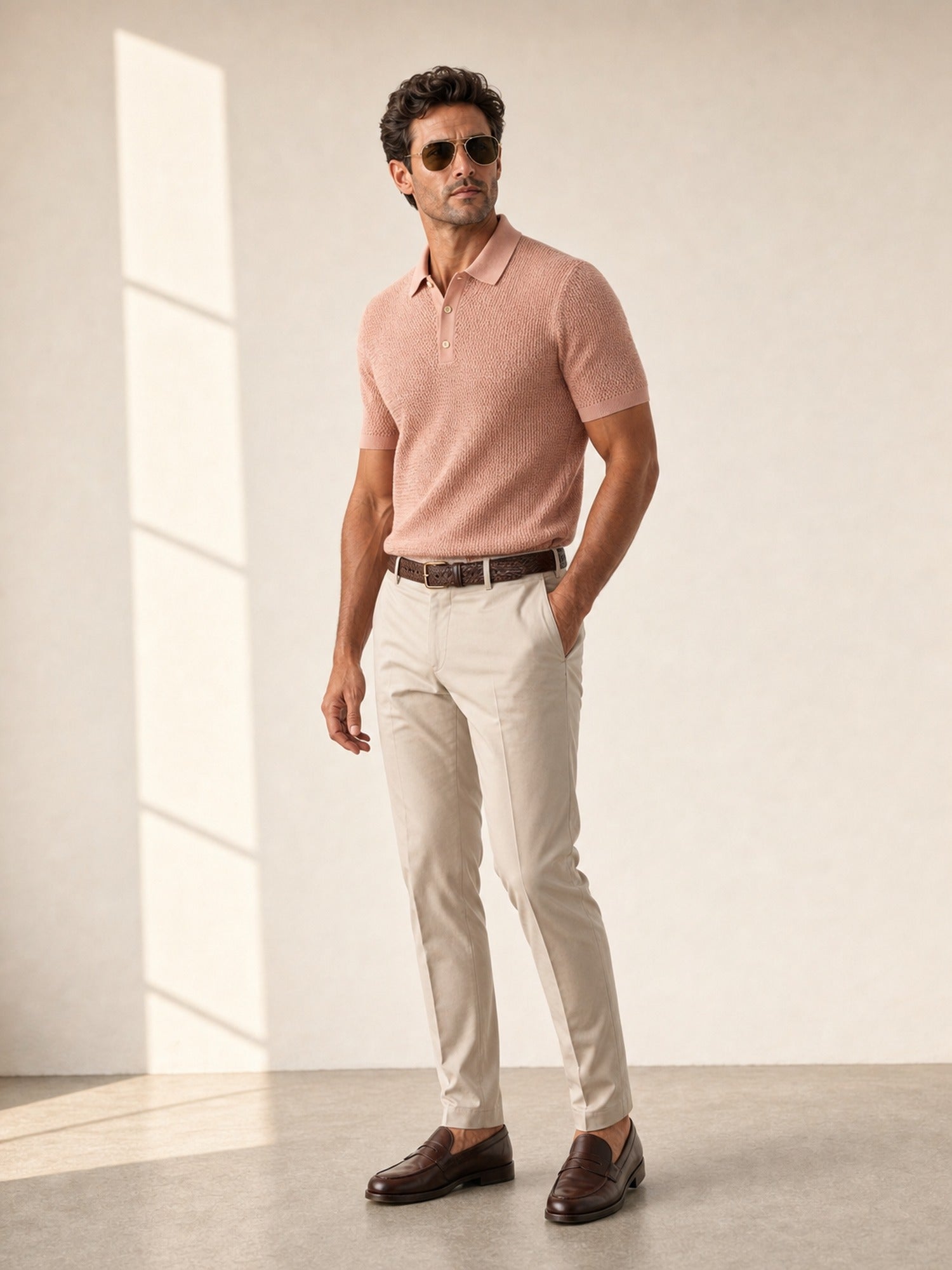 Gran Sasso Egyptian Cotton Popcorn Knit Polo – Salmon - Hero Front