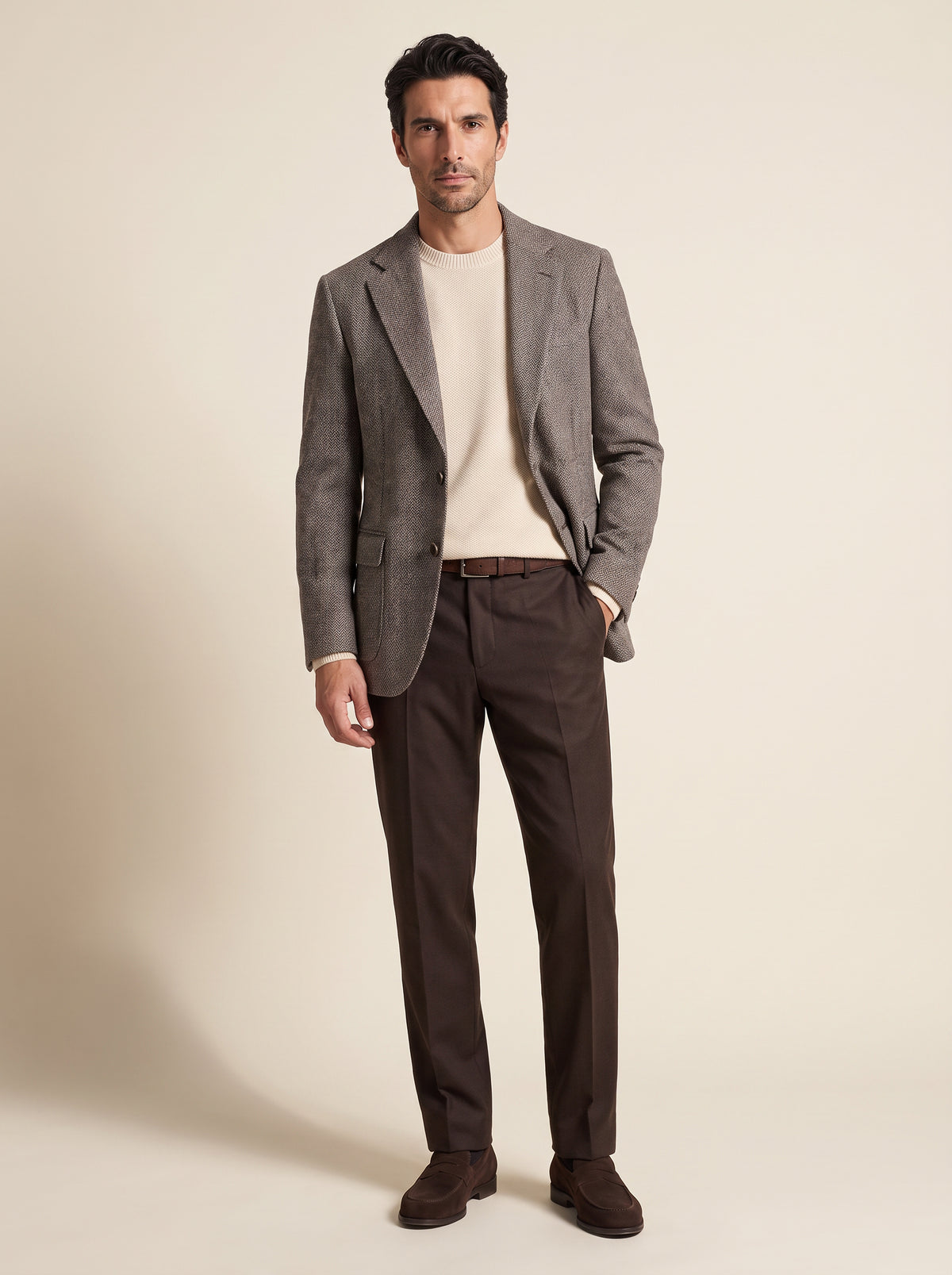 Star Easy Herringbone Blazer – SAND – GREY BROWN - Full Body Front