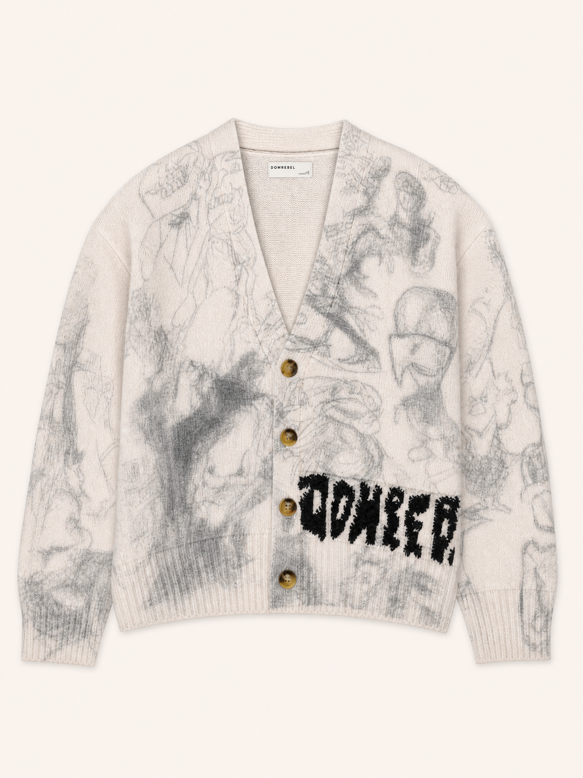 DRAWINGS CARDIGAN - DOM REBEL – IVORY - Ghost Mannequin Front