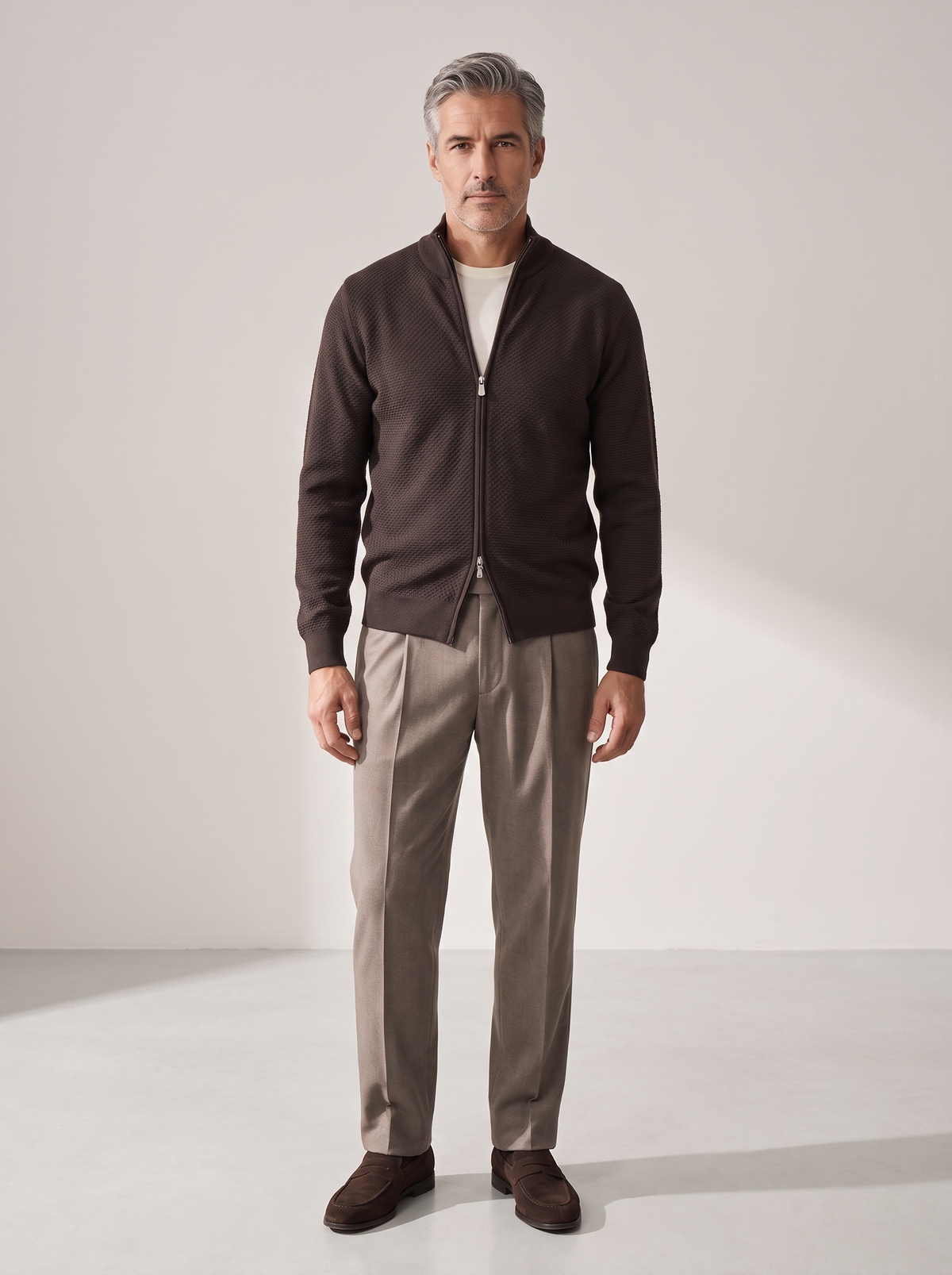 RICE STITCH FULL-ZIP CARDIGAN – CHOCOLATE - Full Body Front